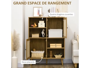 Buffet meuble de rangement armoire haut aspect bois et cannage dim. 90l x 32,5l x 120h cm - design 2 portes