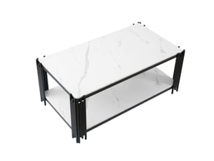 Table basse fixe avec 2 étagères, plateau effet marbre et pieds en métal, pour salon, en mdf et métal, blanc noir - uvrion