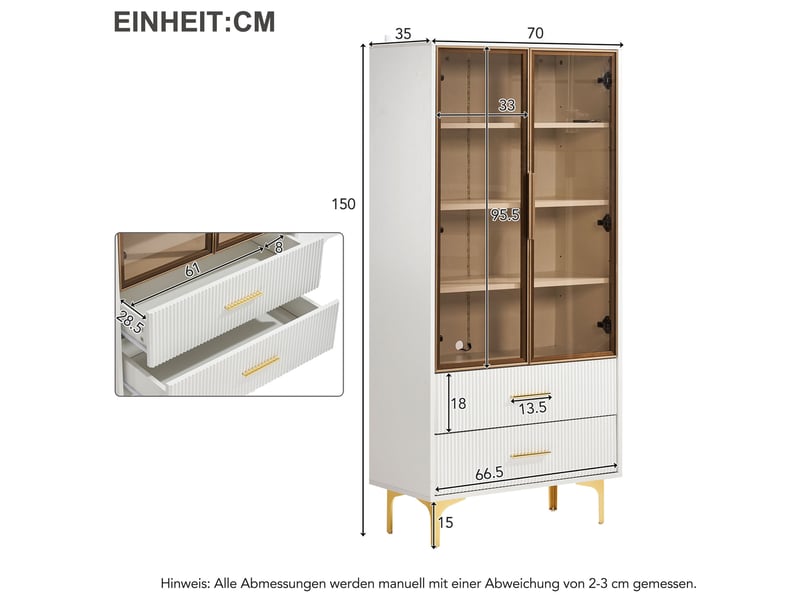  Vitrine avec 2 portes vitrées, 2 tiroirs, 3 étagères dont 2 réglables et led pour salon, blanche, 70 × 35 × 150 cm  - Conforama E