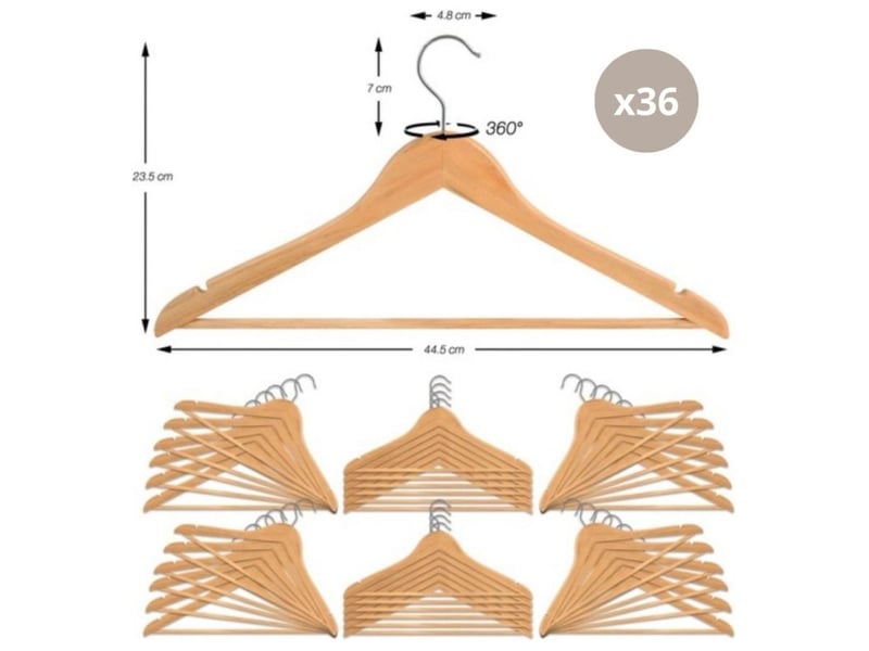  Msv – lot de 36 cintres en bois massif – tête en métal chromé pivotante 360° – optimise le rangement sans déformation des vêtements  - Conforama D