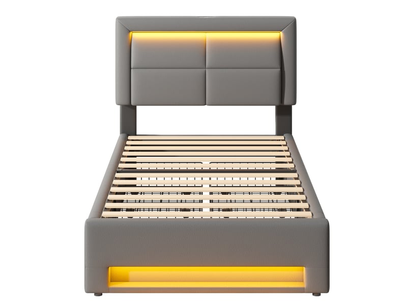  Lit rembourré 90 x 200 cm avec 4 tiroirs, éclairage led, ports usb et recharge sans fil, revêtement pu gris Fay Lum - Conforama R