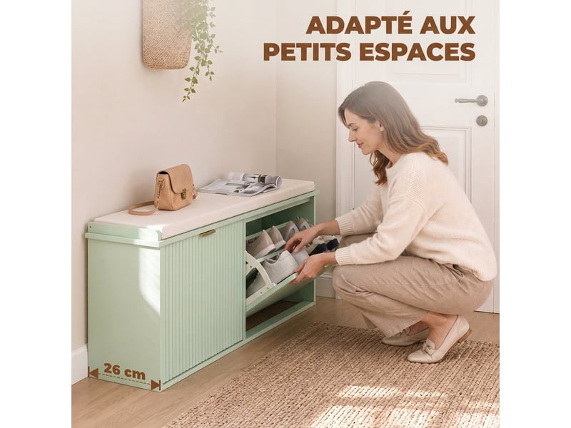  Banc à chaussures avec coussin d'assise rembourré et tiroir rabattable pour couloir, 104 x 26 x 47,5 cm, chambre, vert  - Conforama A