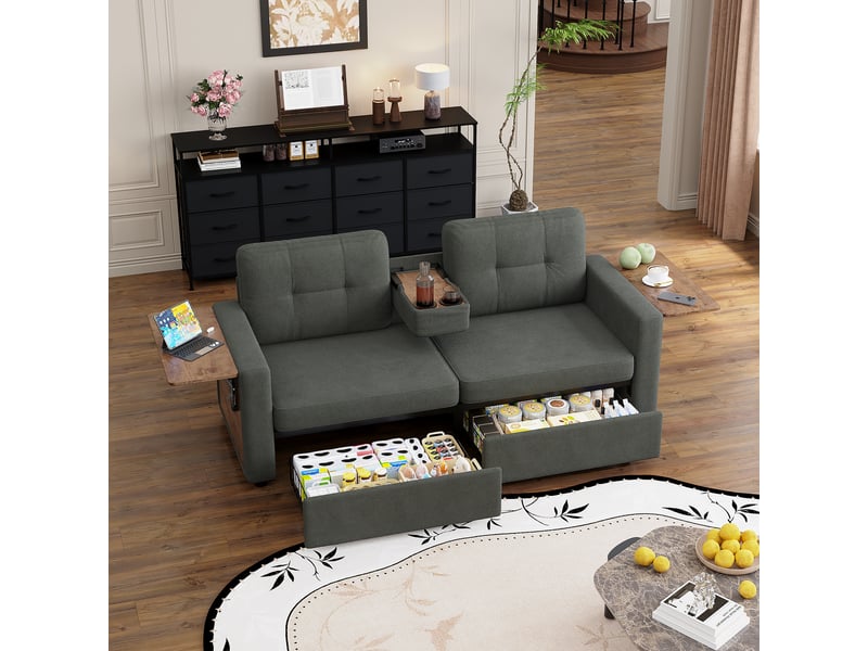 Canapé 2 places en chenille avec rangement intégré, table d’appoint réglable et porte-gobelets - gris foncé - Conforama B