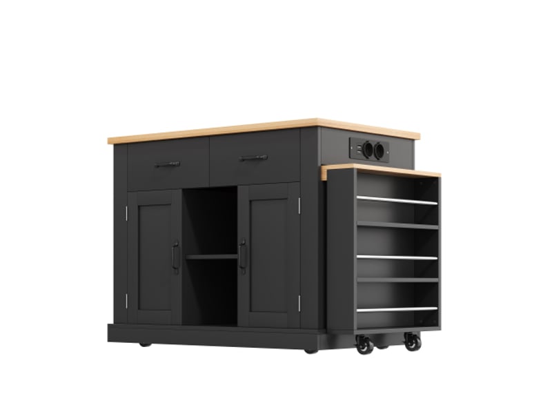 Îlot de cuisine avec table extensible, prises, usb, 2 portes et 2 tiroirs, noir, 132(235)x70x90 cm  - Conforama E