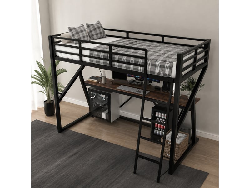  Lit mezzanine enfant simple 90×200 cm, bureau, led réglable et barrière  - sans matelas, métal mdf - noir  - Conforama C