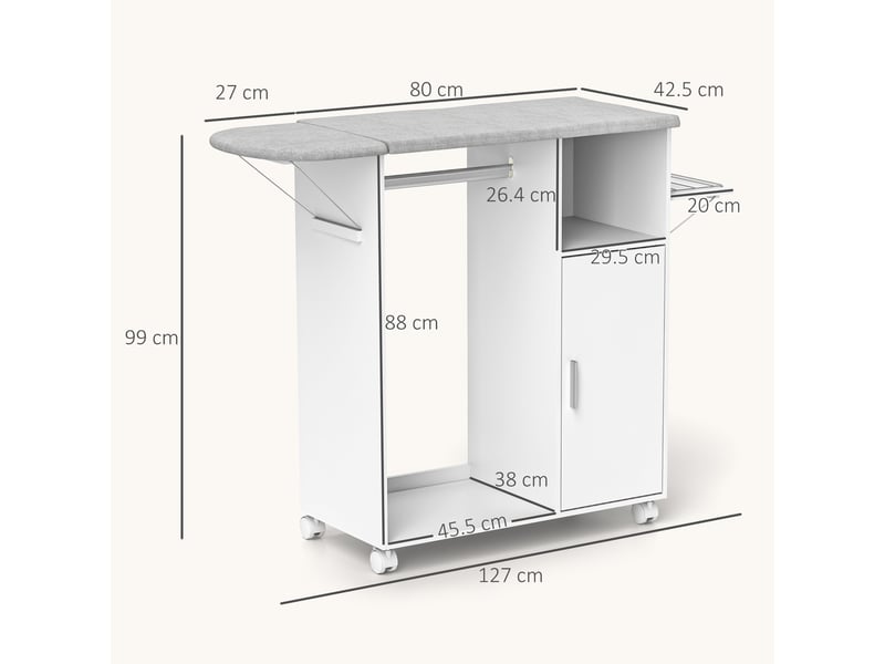  Table à repasser mobile avec surface de rangement, 3 cubes de rangement et barre de maintien, 127 x 42,5 x 99 cm, blanche  - Conforama E