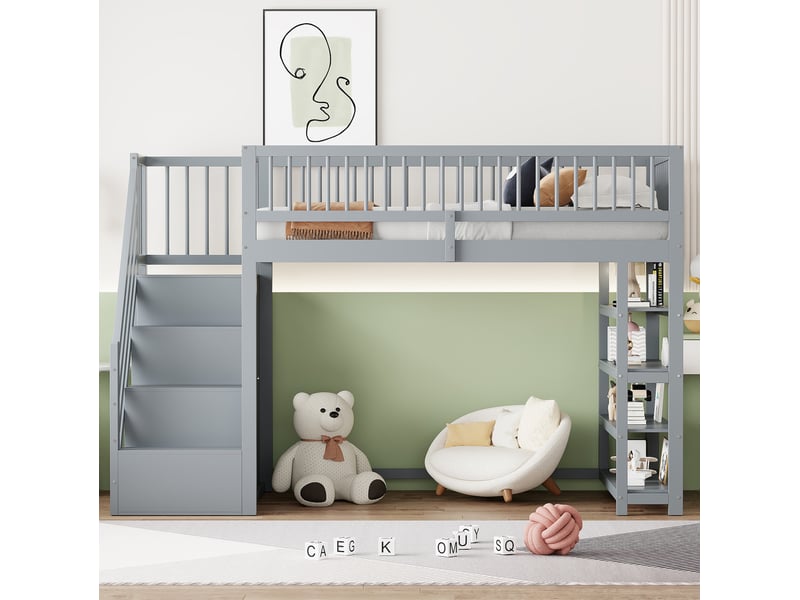 Lit mezzanine enfant tcqpz 90 x 200 cm avec armoire étagères et rangement gris - Conforama D
