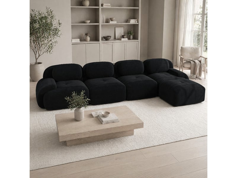  Canapé d'angle modulable modenvie 4 places avec méridienne 388 x 178 cm en velours côtelé noir  - Conforama B