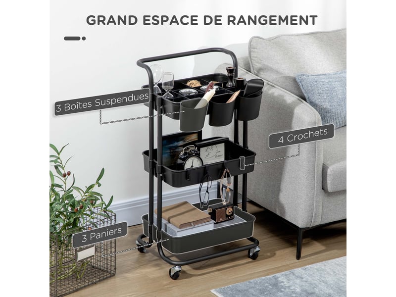 Chariot à 3 niveaux desserte avec 4 crochets et 3 boîtes suspendues amovibles pour noir 42 x 38 x 86,5 cm - Conforama A