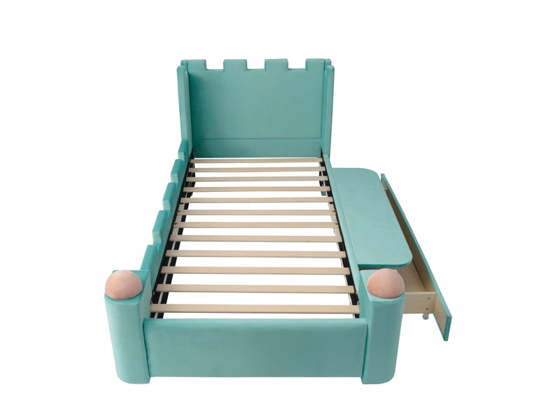  Lit enfant simple 90x200 cm, tablette latérale rabattable, tiroir rangement et bureau, bois, bleu-vert, sans matelas  - Conforama E