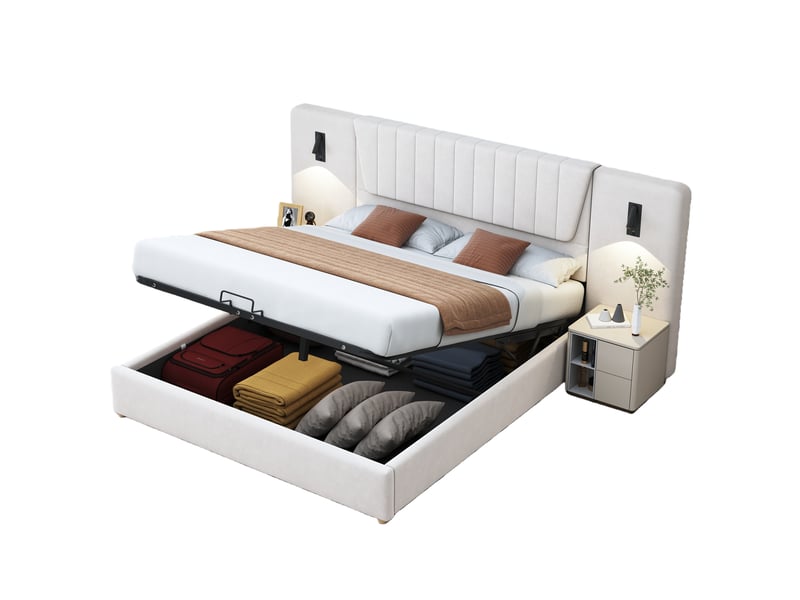 Lit coffre 180x200 cm - lit double avec lampe de lecture et port usb, sans matelas, en velours beige - Conforama A