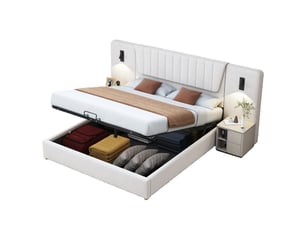 Lit coffre 180x200 cm - lit double avec lampe de lecture et port usb, sans matelas, en velours beige