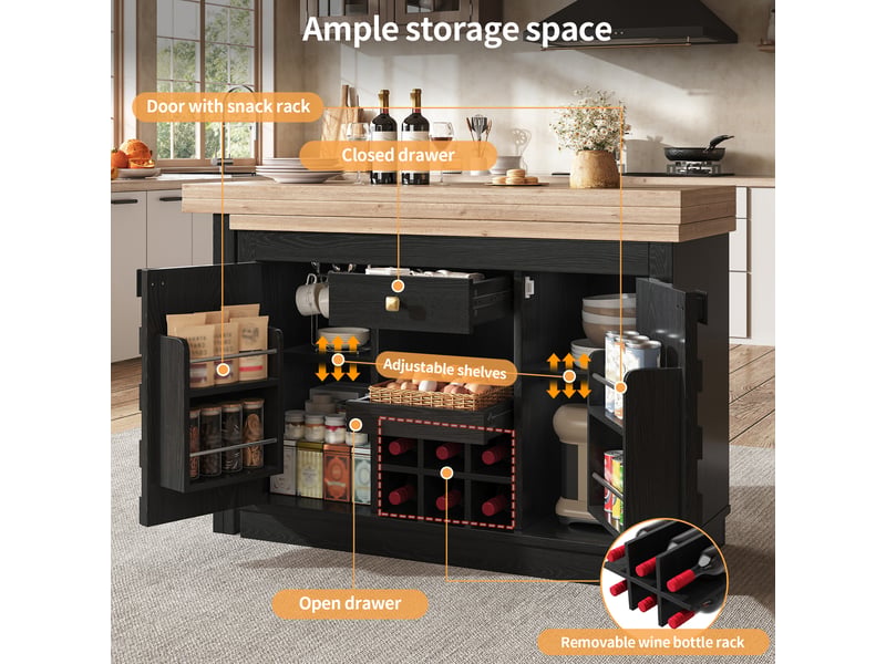 Desserte de cuisine pivotante avec tiroir, étagères réglables et casier à vin amovible en mdf 120-197×40×74,2 cm noir - Conforama E