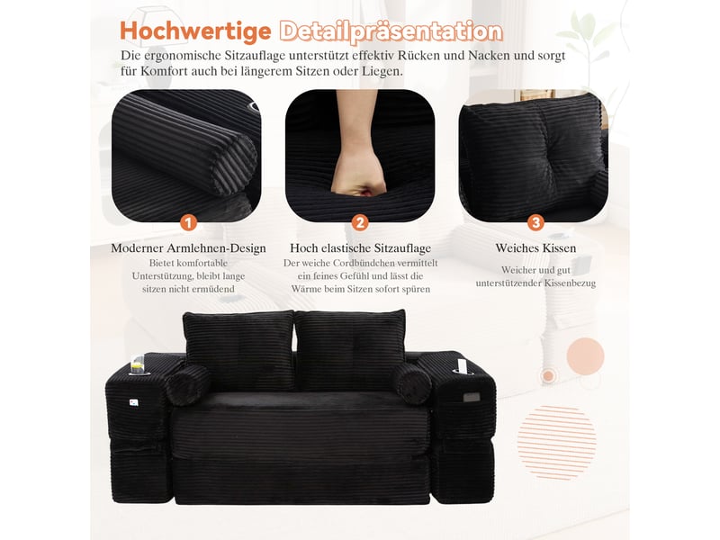 Canapé convertible 2 places en velours côtelé noir avec tiroirs intégrés et accoudoirs amovibles - Conforama D