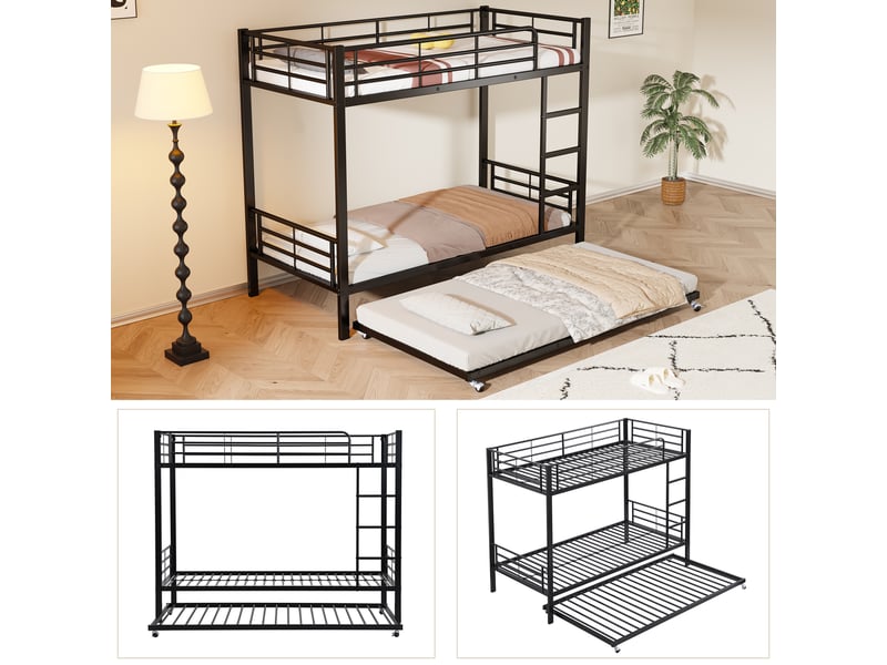  Lit superposé noir en fer 90x200 et 90x190 cm, 3 couchages avec lit gigogne, échelle à 3 marches et barrières de sécurité  - Conforama D