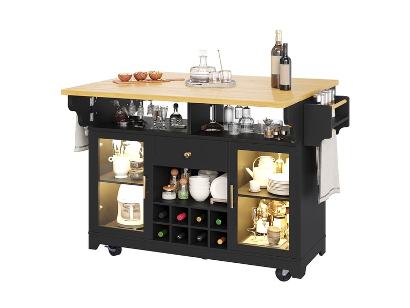 Îlot de cuisine 120 x 4080 x 95 cm, led rgb, plateau rabattable, buffet roulant, 2 portes 1 tiroir, casier à vin, noir - Conforama A