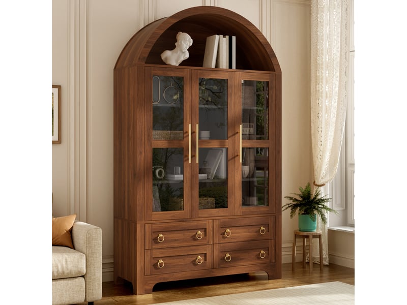 Buffet haut tcqpz 110 x 40 x 185 cm 3 portes vitrées 4 tiroirs niche ouverte mdf et panneaux de particules noyer - Conforama E