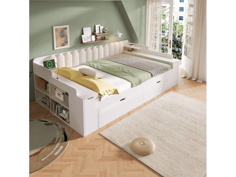  Lit gigogne 140x190 cm blanc avec rangement, charge usb et type-c  - Conforama D