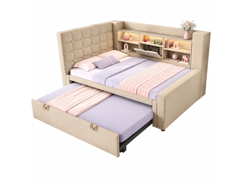 Lit gigogne rembourré 90x200 cm avec couchage 90x190, led, sommier et rangement beige - Conforama A