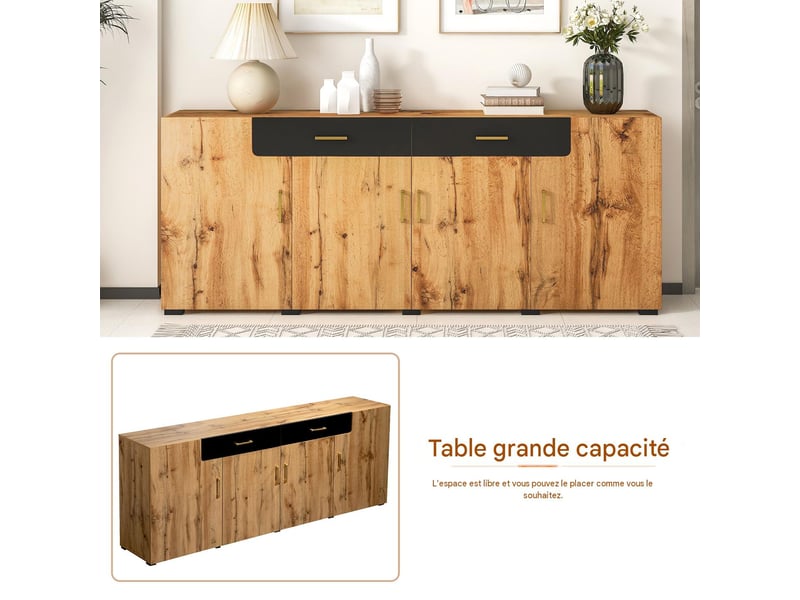  Buffet 4 portes 2 tiroirs en panneau de particules marron et blanc 208x39.5x80 cm - pangivo  - Conforama D