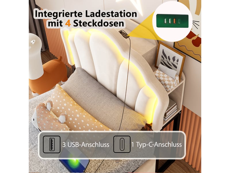  Lit coffre 90x200 cm - lit 1 place avec rangement hydraulique, tête de lit avec rangements, led et prises - velours - beige  - Conforama D