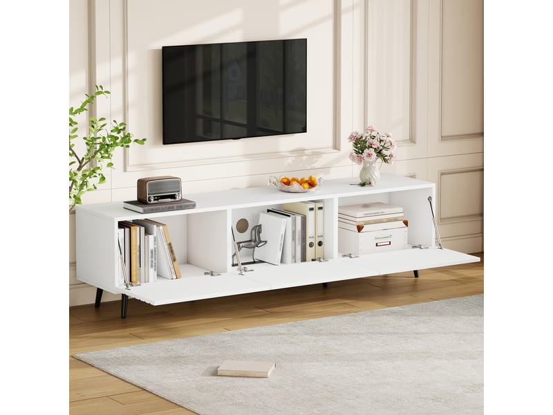  Meuble tv blanc 180 cm en mdf, meuble tv pour téléviseur 80 pouces avec 3 portes rabattables et grand rangement  - Conforama E