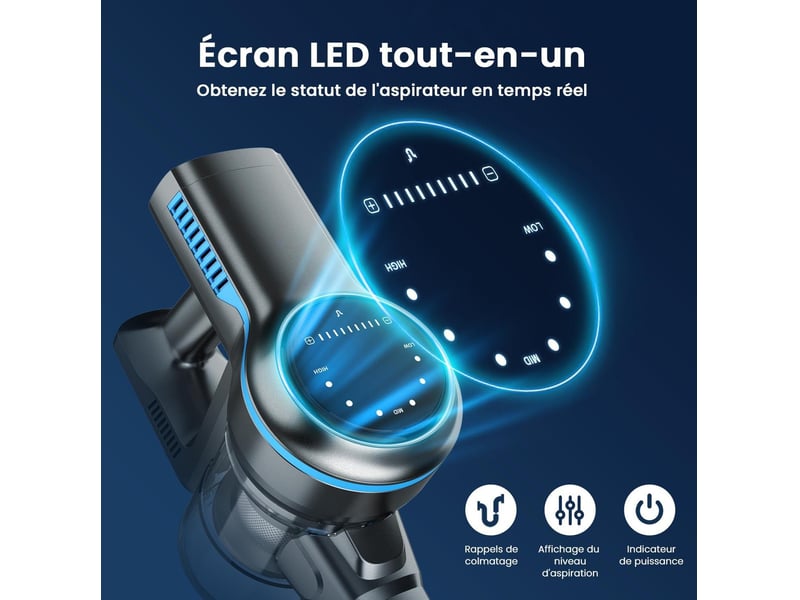 Aspirateur balai sans fil 26 kpa – bleu – moteur 265 w, autonomie 45 min et brosse led souple  - Conforama E