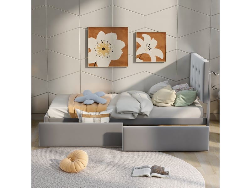  Lit enfant capitonné 90x200 cm gris en velours, tête réglable, deux tiroirs, sommier inclus et sans matelas  - Conforama E