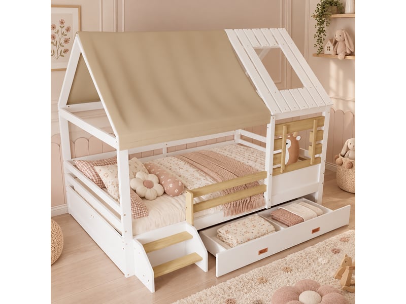 Lit cabane enfant 120 x 200 cm en bois blanc et naturel avec toit en tissu amovible, fenêtres, grand tiroir et garde-corps sans matelas - Conforama C