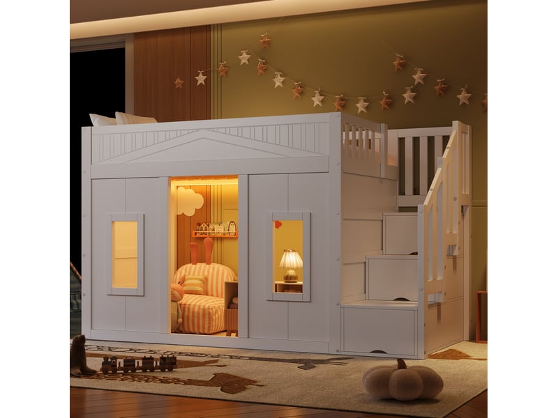  Lit mezzanine modenvie 90 x 200 cm avec escalier de rangement, led et fenêtres décoratives blanc  - Conforama D