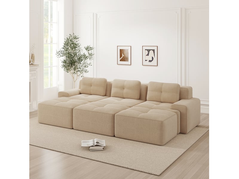 Canapé d'angle modulaire 3 places avec fonction couchage et 3 poufs en velours côtelé beige, 293 × 177 × 69 cm - Conforama D