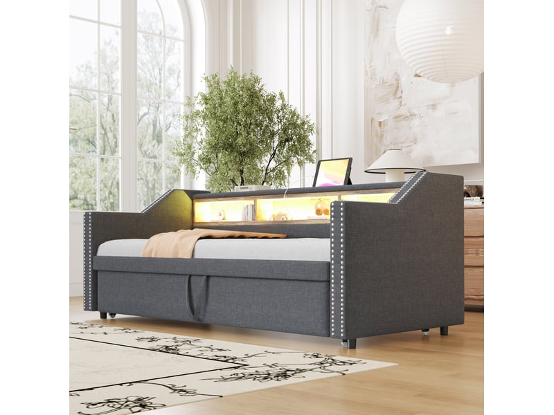  Modenvie banquette lit gigogne 90180x190 cm - led, port usb, rangement latéral, 2 matelas inclus - gris  - Conforama D