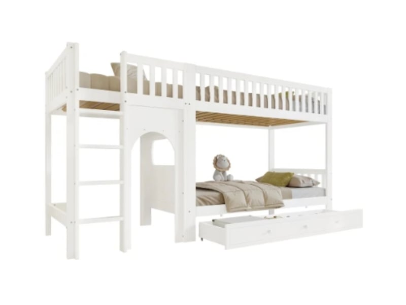 Lit superposé enfant 90×200, échelle 4 marches, garde-corps, pinmdf, blanc - Conforama A