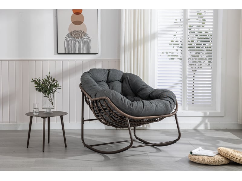  Fauteuil à bascule extérieur 78 x 106 x 90 cm – gris foncé – coussin épais, rotin synthétique tressé  - Conforama E