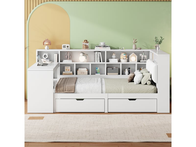 Lit avec rangement 140x200 cm coloris blanc led mdf lit enfant blanc - Conforama D