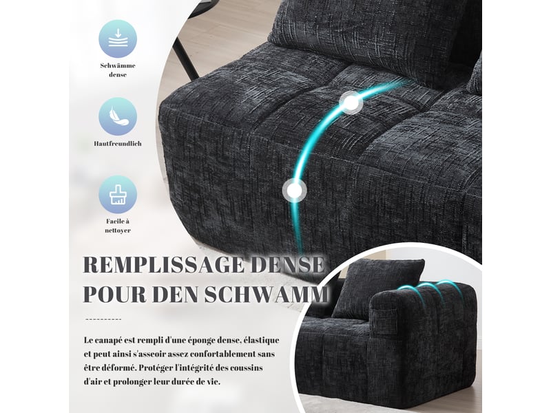 Canapé droit 2 places en chenille noire 158x90x60 cm, avec coussin et poches latérales, sans montage 158x90x60cm - Conforama E