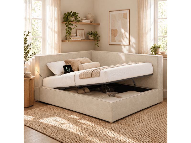  Lit coffre 140x190 cm avec sommier relevable hydraulique, sans matelas, beige  - Conforama B