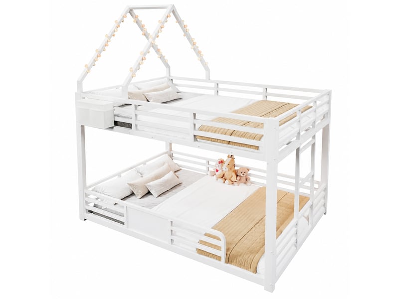  Lit superposé enfant 140 x 200 cm avec led multicolore, toit cabane et rangement, blanc  - Conforama A