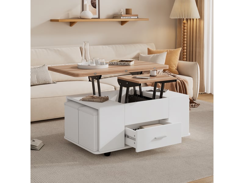 Table basse relevable et extensible 100x50cm avec 4 poufs de rangement, transformable en table à manger, blanc et bois - Conforama D