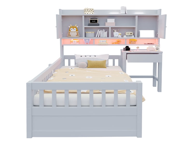  Lit avec bureau intégré 90x200 cm - éclairage led - grand rangement - sommier à lattes - avec tiroirs - bois massif - noir et bois naturel CozyNest - Conforama A
