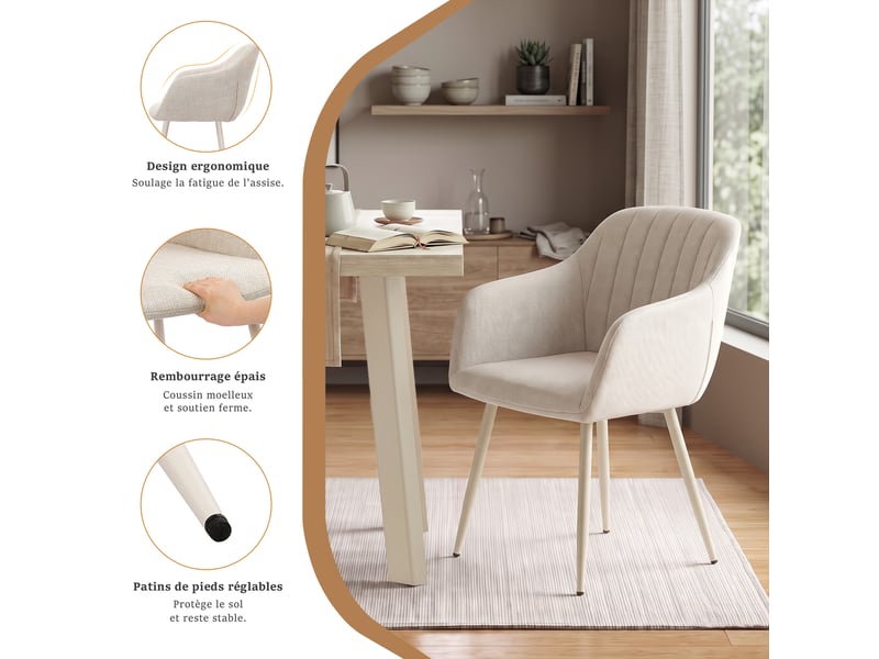 Ensemble table et 4 chaises - table rectangulaire 160x80 cm monobloc en travertin et pieds métal, 4 chaises en tissu beige et pieds en métal blanc - Conforama R