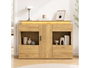 Buffet et enfilade à portes vitrées, rangements ouverts, led et station de charge pour salon 120×40×79,5 cm chêne clair