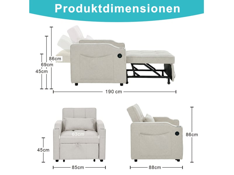 Fauteuil convertible 3-en-1 beige avec fonction lit, ports usbusb-c, porte-gobelet et dossier réglable - Conforama E