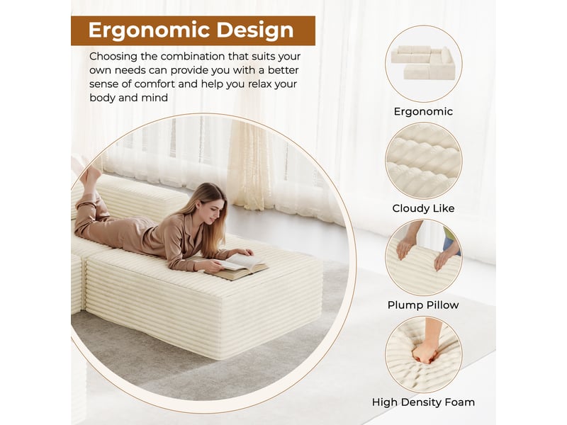  Canapé d'angle 4 places modulaire en velours côtelé avec 1 pouf,canapé compressé,sans assemblage,404x202x82cm,beige 404x202x82CM - Conforama D