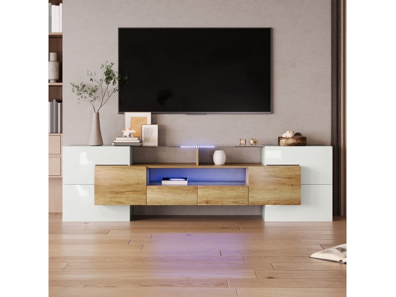  Meuble tv modenvie 200 x 35 x 60 cm led multicolore blanc brillant et décor bois  - Conforama D