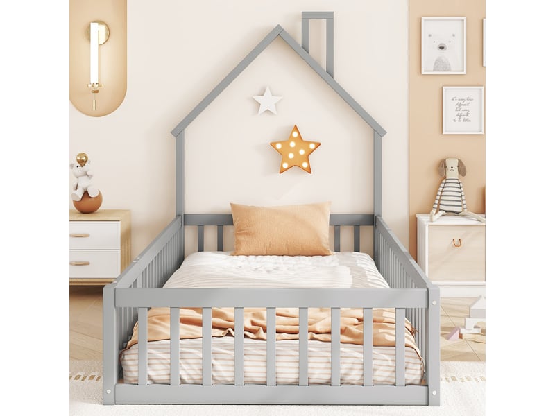  Lit cabane enfant 90x200 gris, lit avec forme de cheminée et barrières de sécurité, sommier à lattes inclus, bois de pin  - Conforama R