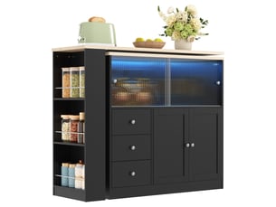 Desserte de cuisine avec 3 tiroirs, porte coulissante en verre, plateau pivotant et led, sur roulettes, en mdf noir