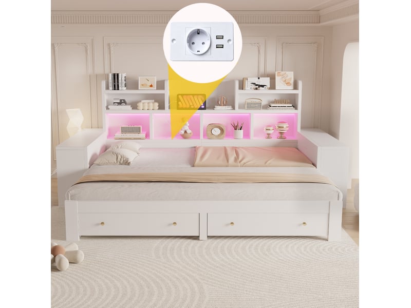  Canapé-lit extensible fermé 90x200 cm, ouvert 180x200 cm, rangements led prise mdf blanc sans matelas  - Conforama E
