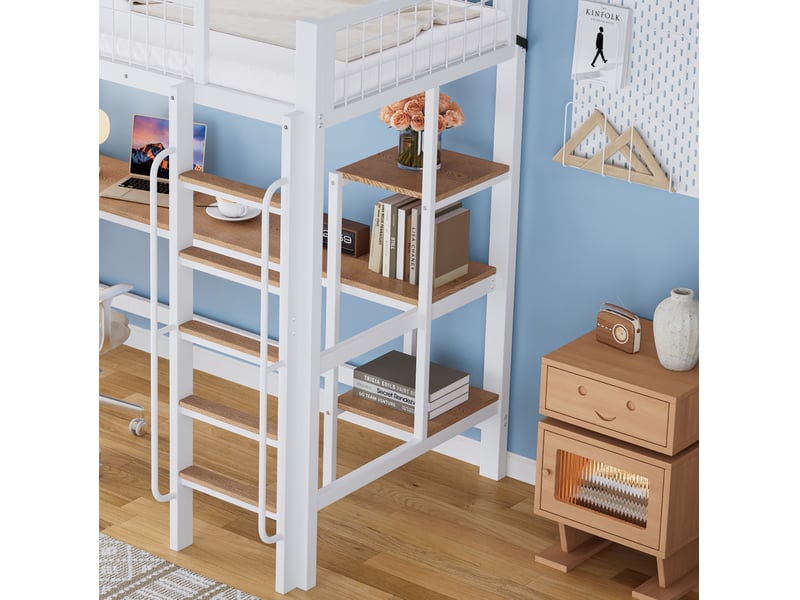 Lit superposé enfant 90x200 cm bureau garde-corps échelle 5 marches, métal et bois blanc naturel sans matelas - Conforama E