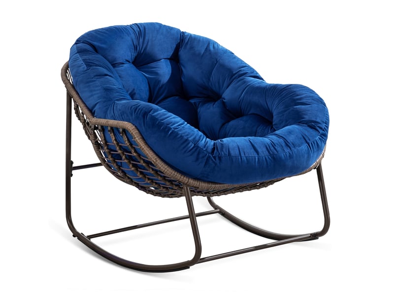  Fauteuil à bascule extérieur 78x106x90 cm – bleu marine – coussin rembourré, acier et rotin synthétique  - Conforama D